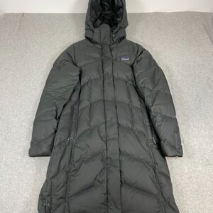 Patagonia Down With It Parka Jacket Womens Medium Black Gray Long Puffer